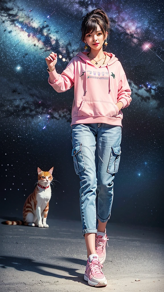 ((Holding a cute orange bantam cat)),((Highest quality,masterpiece,Full body front view of a mature beauty with big breasts,Air bangs,Blue gray high ponytail super long straight hair,Slightly curly hair on double sideburns,Hair ends curled in,Gray and pink short T-shirt,Light blue denim gray hooded jacket,Black and gray long and wide cargo pants,Pink and white sneakers)),Simple, small and exquisite round necklace,Little star earrings,Wearing a very thin gold bracelet on the right hand,starry sky galaxy background