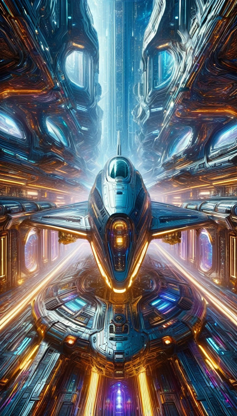a massive futuristic spaceship floating in deep space, highly detailed interior and exterior, ornate architectural details, glowing engines, neon lighting, sleek and angular design, advanced technology, oil painting, cinematic lighting, vibrant colors, photorealistic, best quality, 8k, hyper detailed, masterpiece