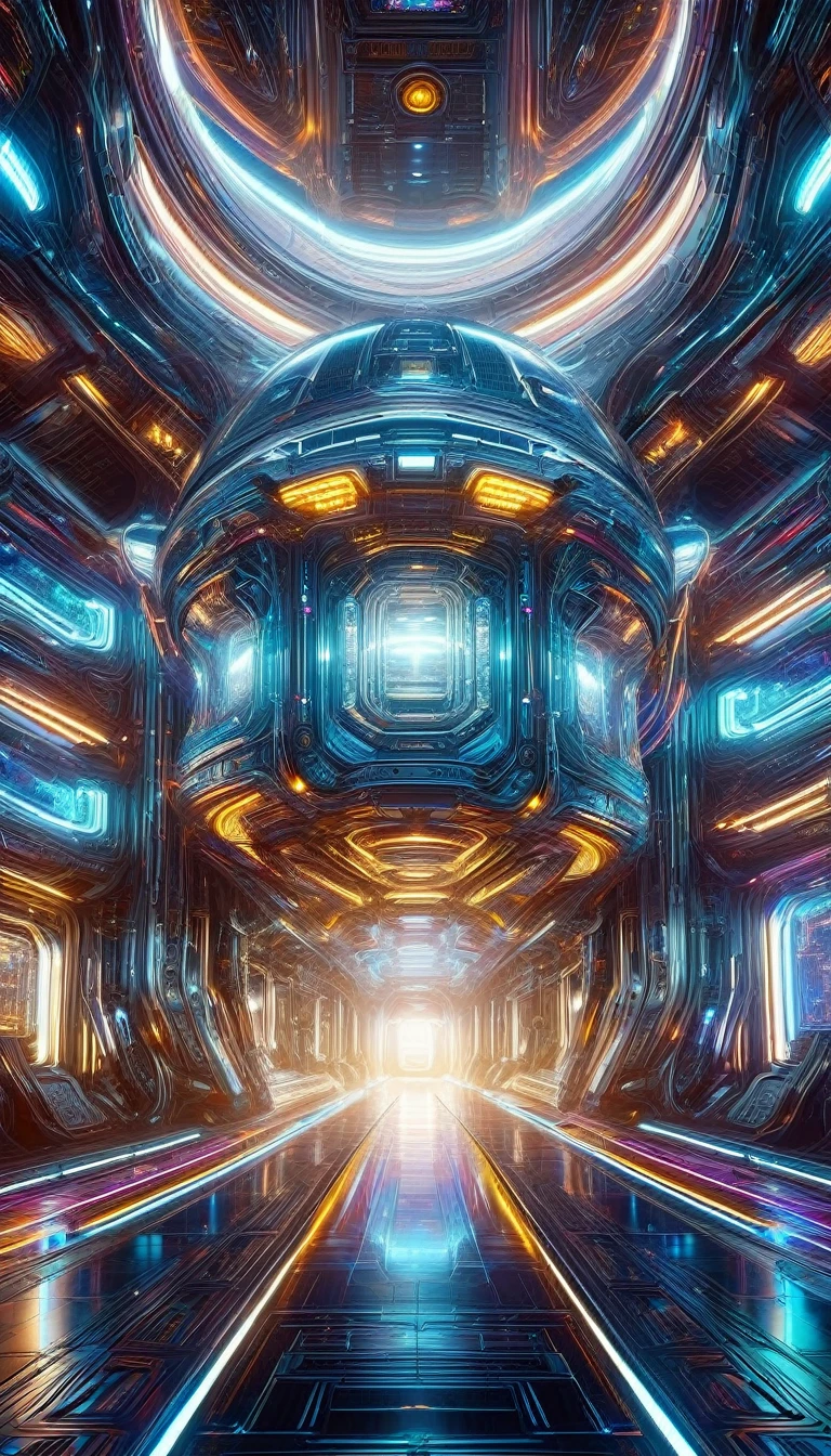 a massive futuristic spaceship floating in deep space, highly detailed interior and exterior, ornate architectural details, glowing engines, neon lighting, sleek and angular design, advanced technology, oil painting, cinematic lighting, vibrant colors, photorealistic, best quality, 8k, hyper detailed, masterpiece