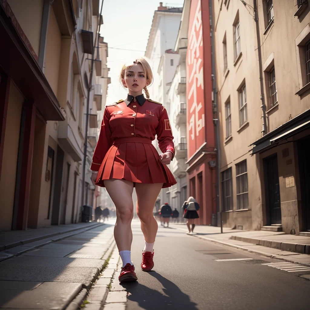 in a skirt, walking down the street, red uniform, with the USSR flag, большая грудь, обтягивающий топ