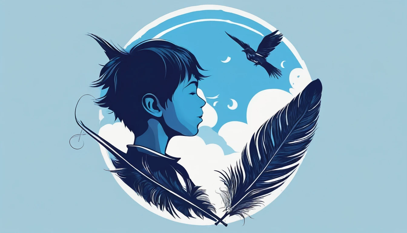 Create a minimalistic, simple, fantastic, easy to understand, logo design of a boy and a feather for an upcoming Brand called " Penamemoria". Create the logo in the center. A fantasy theme with birds and feathers as background, blue sky, white clouds. Use the colours light blue, white, golden in the logo. The logo design must convey a sense of storytelling, memories, dreams and music. Must convey a feeling of being a true Dreamer.