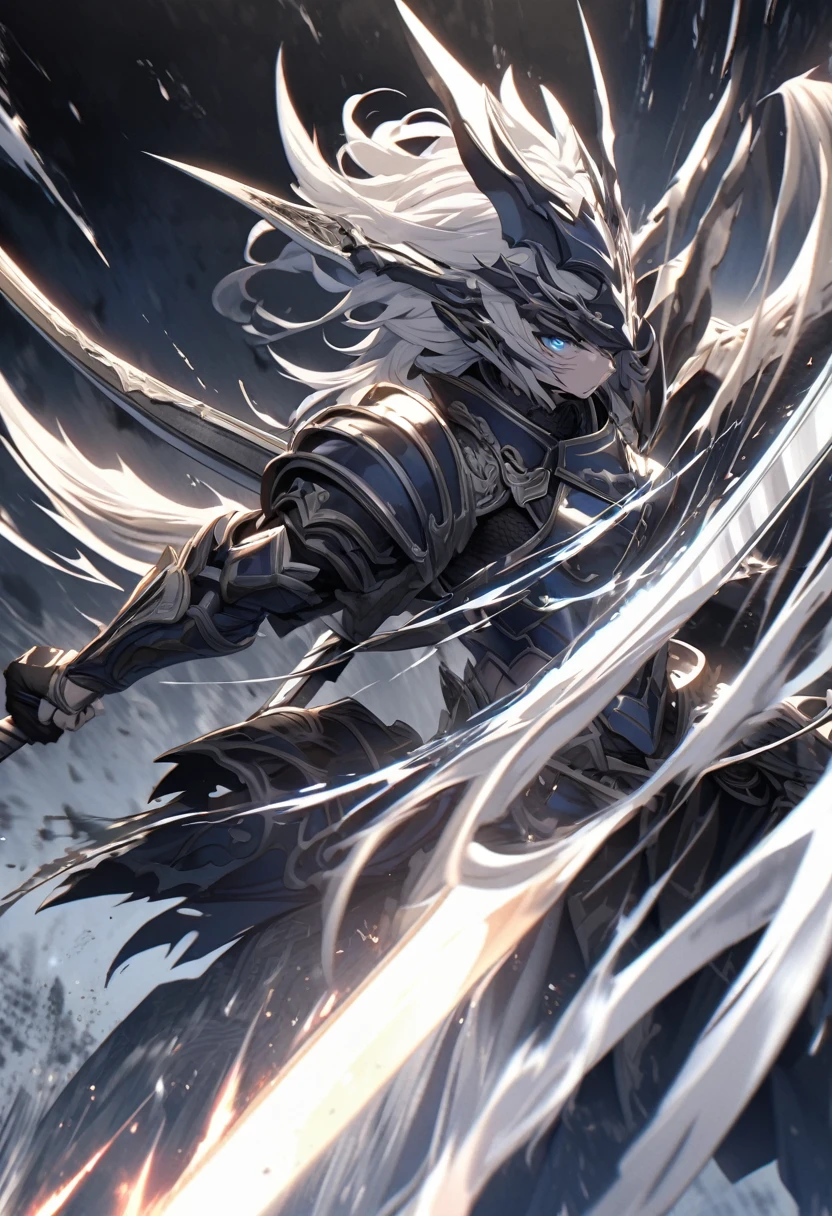 a extremely detailed warrior in dark blue & white armor wielding a sword made of dark blue & white steel, emanates an aura of time