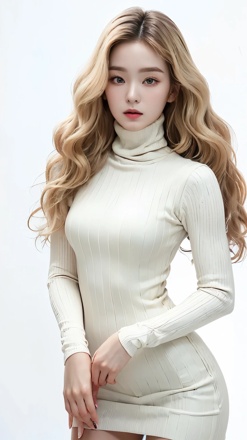 ((best quality, 8 thousand, masterpiece:1.4)), (20 year old woman), ((very small face:1.3)), Highly detailed face and skin textures, detailed eyes, (Italian woman), (blonde wavy very long hair:1.3), (Turtleneck long sleeve neck polar dress:1.4), beautiful bridge, glamorous body, white background, thighs, Transparent stockings,