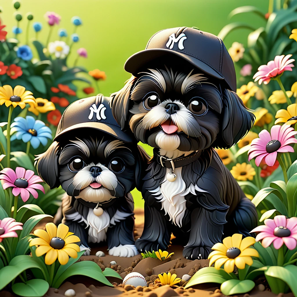 2 Adorable small black Shih Tzu puppies wearing baseball cap and sunglasses digging up flowers Disney background 3d cartoon 3d render disney pixar style