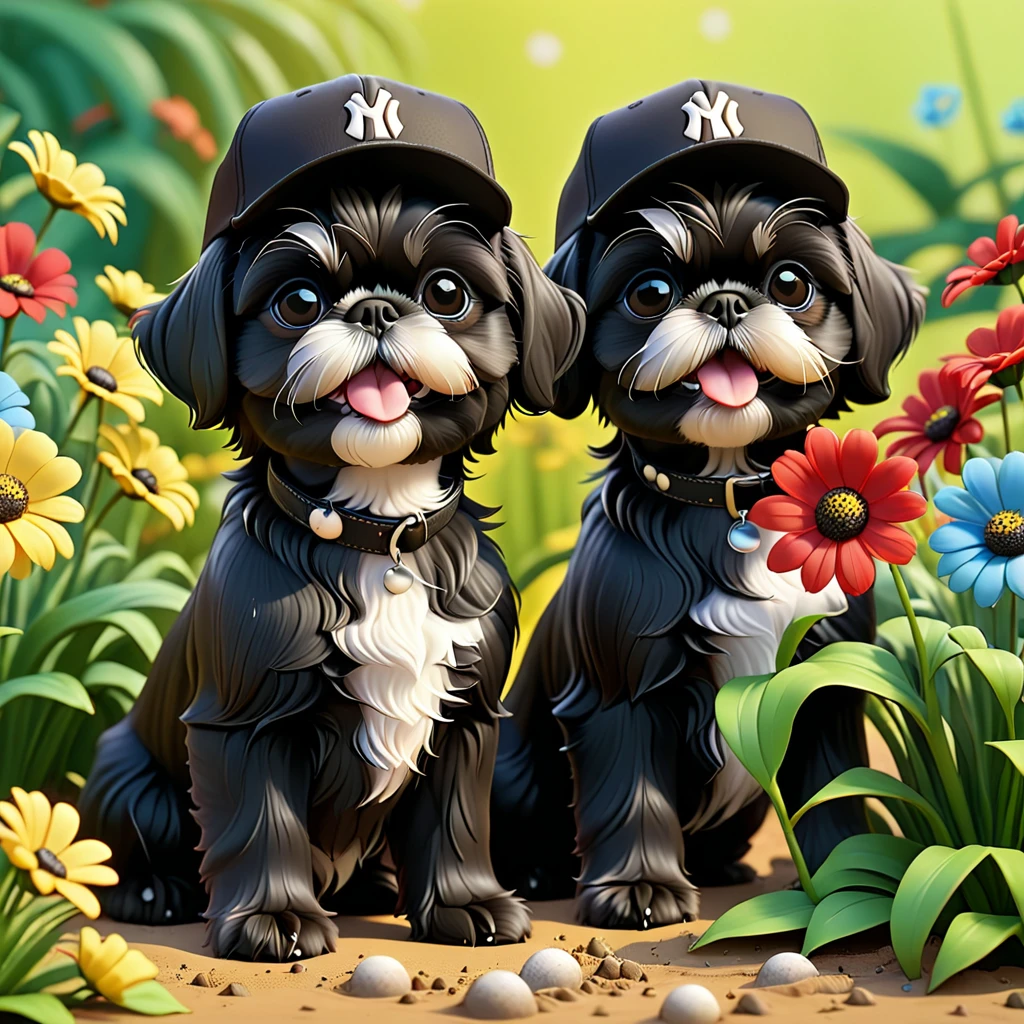 2 Adorable small black Shih Tzu puppies wearing baseball cap and sunglasses digging up flowers Disney background 3d cartoon 3d render disney pixar style