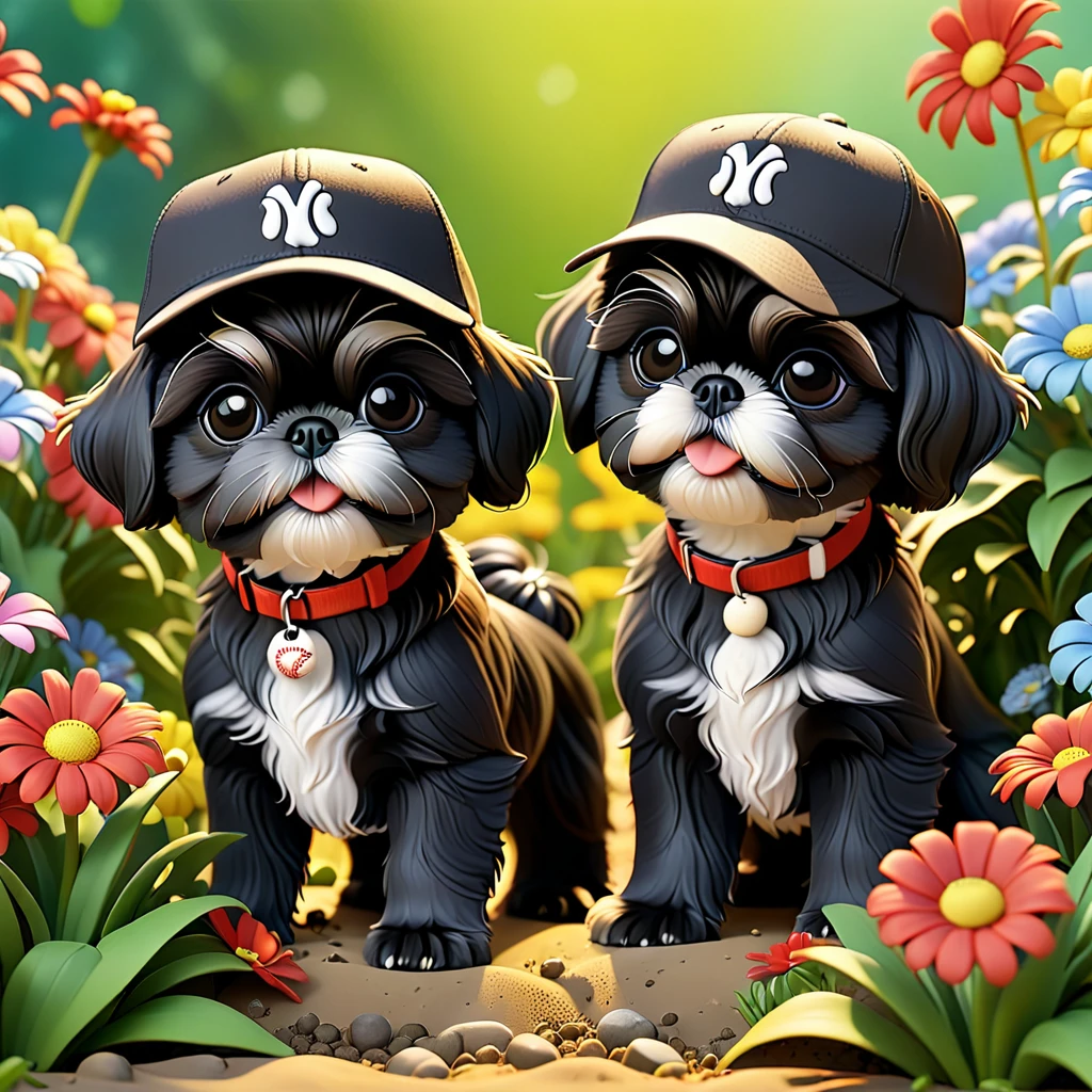 2 Adorable small black Shih Tzu puppies wearing baseball cap and sunglasses digging up flowers Disney background 3d cartoon 3d render disney pixar style