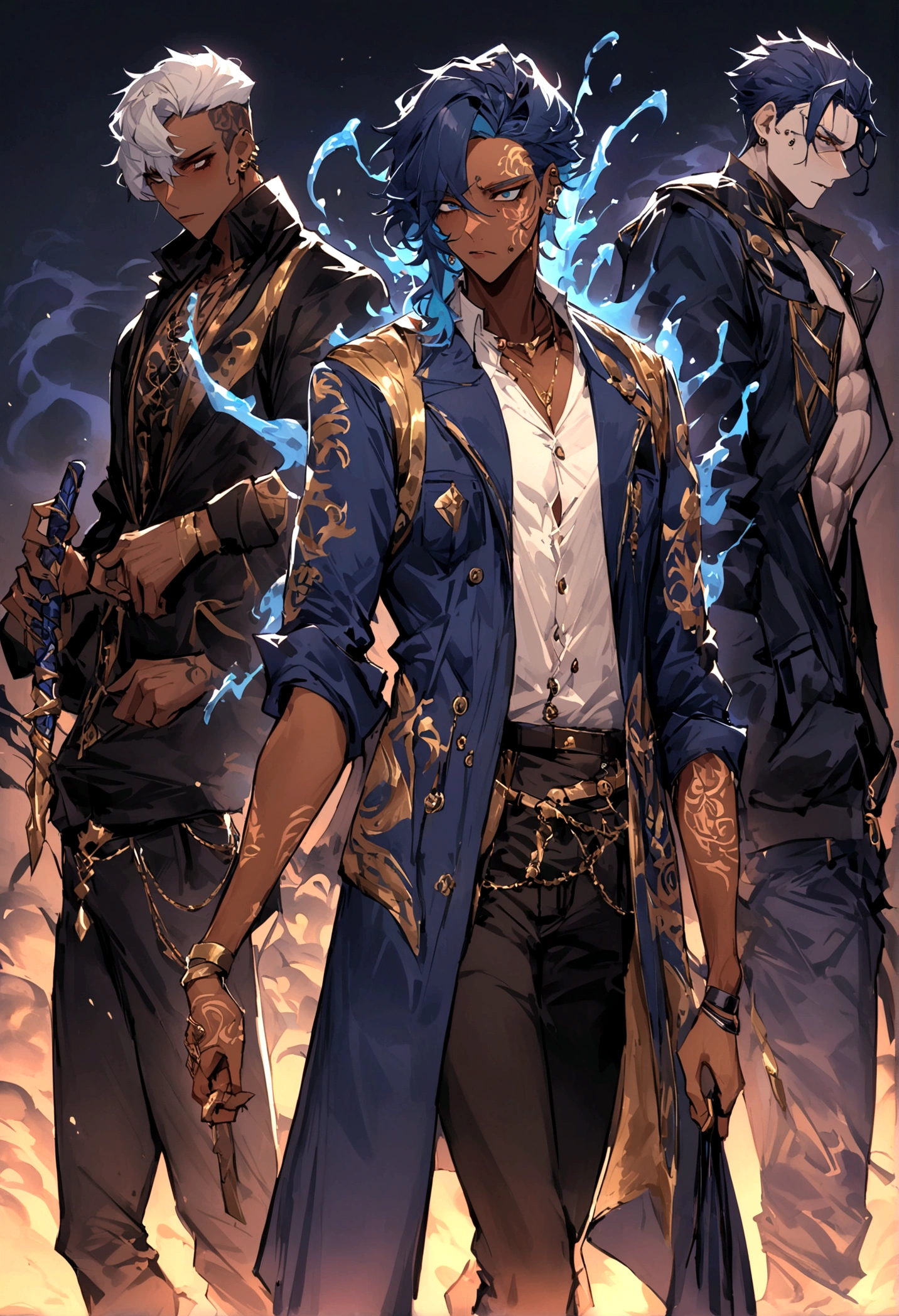 male, Race: human with latent Elemental heritage, Skin: rich tan, Hair: dark blue-black, unruly, Eyes: piercing stormy sea color, Facial features sharp, Physique: tall, lean, athletic, Attire: long navy blue coat with gold trim, white button-up shirt, rolled-up sleeves, modern streetwear elements, traditional Elemental Districts influence, Tattoos: water element symbols on forearms, Accessory: sleek metallic cane, Visual aura: mystery, allure, Background: neon-lit Tokyo streets, Heritage: powerful water Elemental lineage, Personality: fiercely loyal, charming rogue, sharp wit, hidden pain, complex emotions, unshakeable resolve, empathetic, fear of power loss