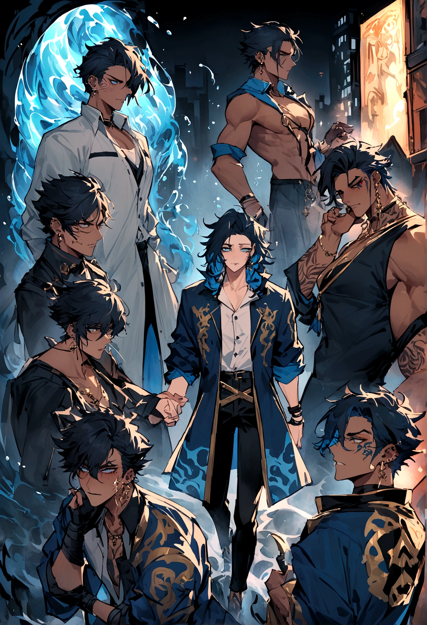 male, Race: human with latent Elemental heritage, Skin: rich tan, Hair: dark blue-black, unruly, Eyes: piercing stormy sea color, Facial features sharp, Physique: tall, lean, athletic, Attire: long navy blue coat with gold trim, white button-up shirt, rolled-up sleeves, modern streetwear elements, traditional Elemental Districts influence, Tattoos: water element symbols on forearms, Accessory: sleek metallic cane, Visual aura: mystery, allure, Background: neon-lit Tokyo streets, Heritage: powerful water Elemental lineage, Personality: fiercely loyal, charming rogue, sharp wit, hidden pain, complex emotions, unshakeable resolve, empathetic, fear of power loss