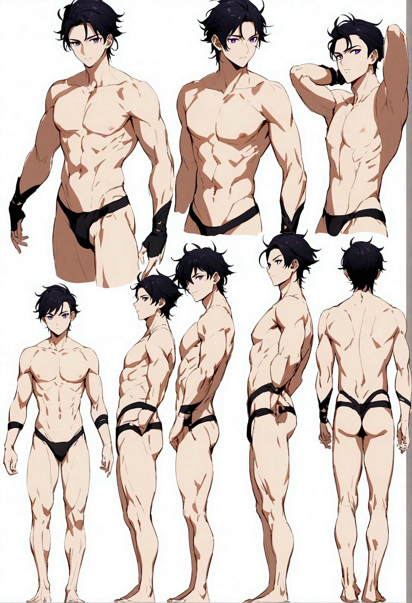 male, full body character sheet, semi naked, black hair, well-built, purple eyes, blue and black hair(simple background,White background:1.3)