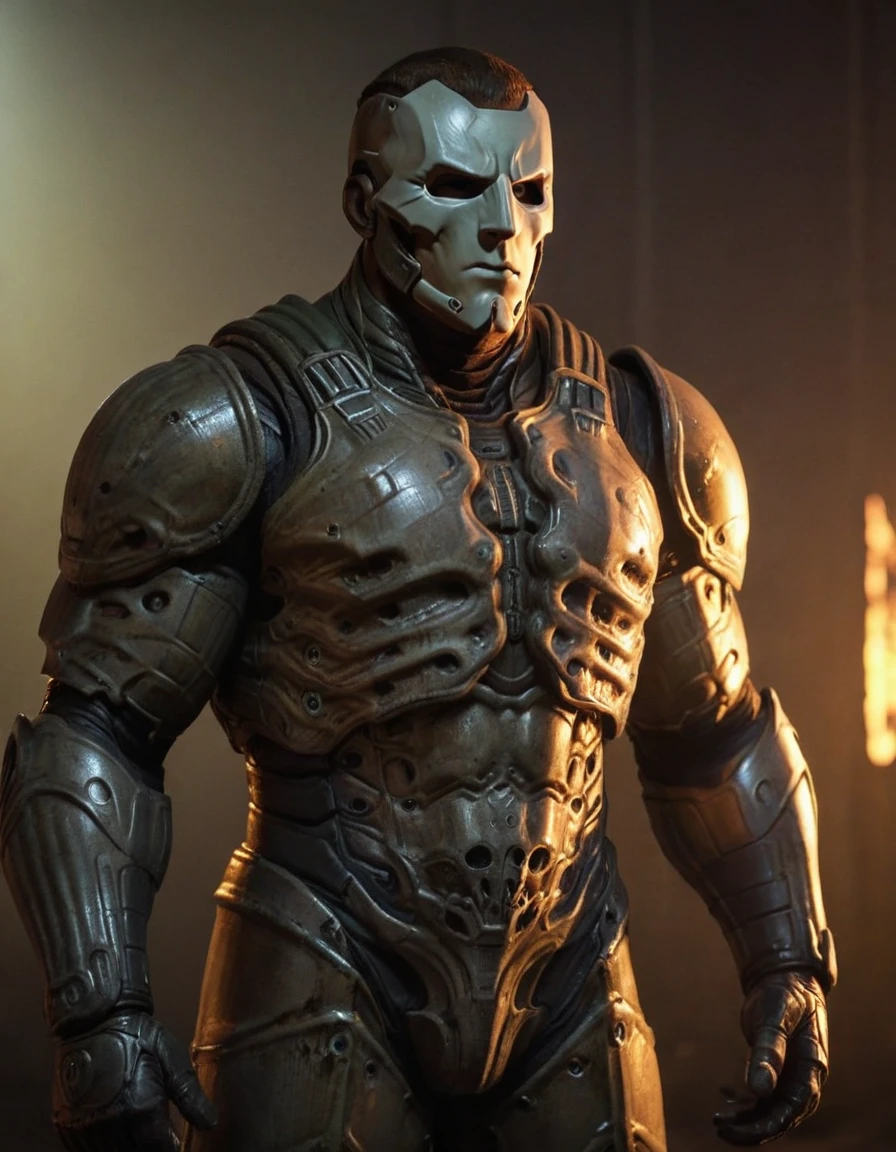 1boy,masked,muscular,strong rim light,moody lighting,armor,highres,rim light,by zoyu,by sedo,(doomguy,doom,doomslayer),