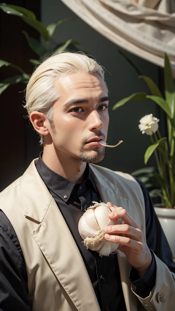 man with garlic in his mouth