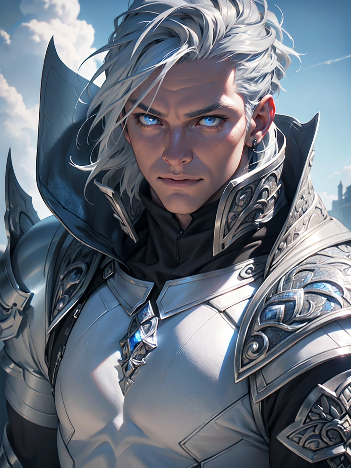 a highly detailed and realistic portrait of a young boy with short silver-gray hair, striking blue eyes, wearing a white armor suit and a cape, with muscular physique, surrounded by clouds and scales, (best quality,4k,8k,highres,masterpiece:1.2),ultra-detailed,(realistic,photorealistic,photo-realistic:1.37),hyperrealistic,studio lighting,extremely detailed face and eyes,extremely detailed skin,intricate details,award-winning photography,dramatic lighting,cinematic composition,volumetric lighting,depth of field,3d render,unreal engine,highly detailed armor,flowing cape,muscular physique,short silver-gray hair,piercing blue eyes,dramatic clouds,intricate scales, full body