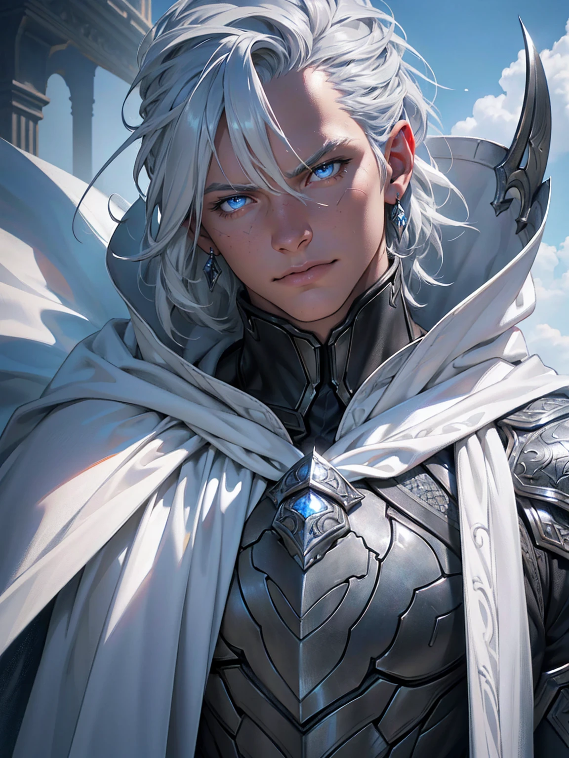 a highly detailed and realistic portrait of a young boy with short silver-gray hair, striking blue eyes, wearing a white armor suit and a cape, with muscular physique, surrounded by clouds and scales, (best quality,4k,8k,highres,masterpiece:1.2),ultra-detailed,(realistic,photorealistic,photo-realistic:1.37),hyperrealistic,studio lighting,extremely detailed face and eyes,extremely detailed skin,intricate details,award-winning photography,dramatic lighting,cinematic composition,volumetric lighting,depth of field,3d render,unreal engine,highly detailed armor,flowing cape,muscular physique,short silver-gray hair,piercing blue eyes,dramatic clouds,intricate scales, full body