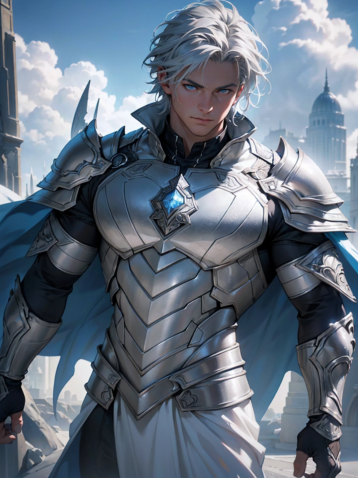 a highly detailed and realistic portrait of a young boy with short silver-gray hair, striking blue eyes, wearing a white armor suit and a cape, with muscular physique, surrounded by clouds and scales, (best quality,4k,8k,highres,masterpiece:1.2),ultra-detailed,(realistic,photorealistic,photo-realistic:1.37),hyperrealistic,studio lighting,extremely detailed face and eyes,extremely detailed skin,intricate details,award-winning photography,dramatic lighting,cinematic composition,volumetric lighting,depth of field,3d render,unreal engine,highly detailed armor,flowing cape,muscular physique,short silver-gray hair,piercing blue eyes,dramatic clouds,intricate scales, full body