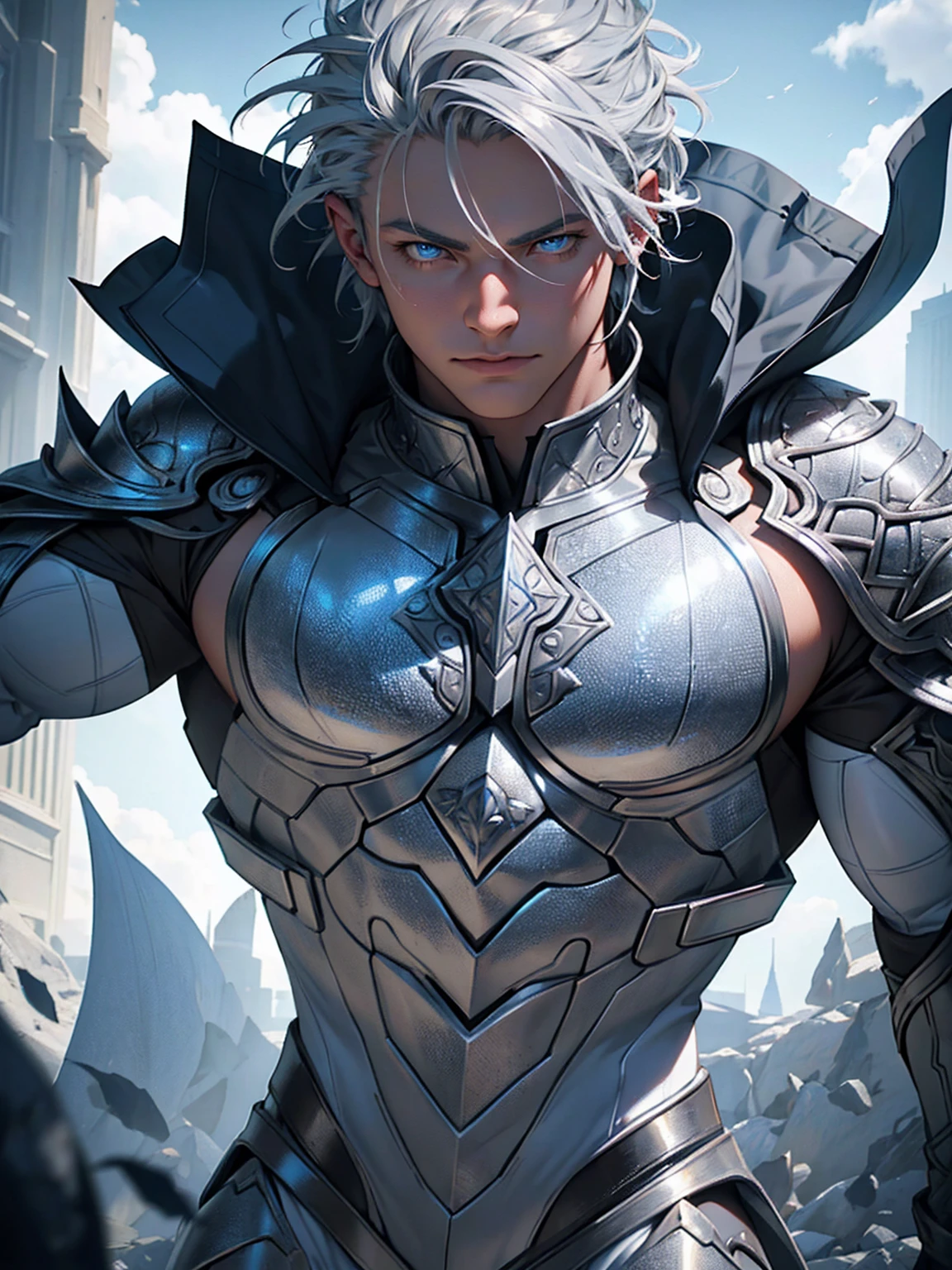 a highly detailed and realistic portrait of a young boy with short silver-gray hair, striking blue eyes, wearing a white armor suit and a cape, with muscular physique, surrounded by clouds and scales, (best quality,4k,8k,highres,masterpiece:1.2),ultra-detailed,(realistic,photorealistic,photo-realistic:1.37),hyperrealistic,studio lighting,extremely detailed face and eyes,extremely detailed skin,intricate details,award-winning photography,dramatic lighting,cinematic composition,volumetric lighting,depth of field,3d render,unreal engine,highly detailed armor,flowing cape,muscular physique,short silver-gray hair,piercing blue eyes,dramatic clouds,intricate scales, full body
