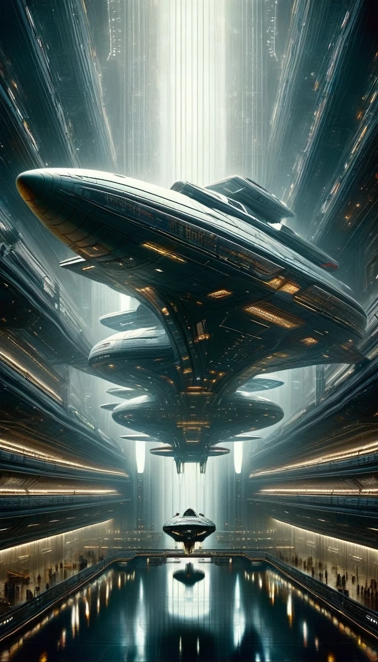 a massive futuristic spaceship, floating in the vast expanse of space, its sleek and angular design reflecting the influence of renowned artist Bill Sienkiewicz, (1 large spaceship, hyperrealistic, highly detailed, intricate architecture, industrial design, volumetric lighting, cinematic composition, dramatic chiaroscuro, oil painting style, muted color palette, moody atmosphere)