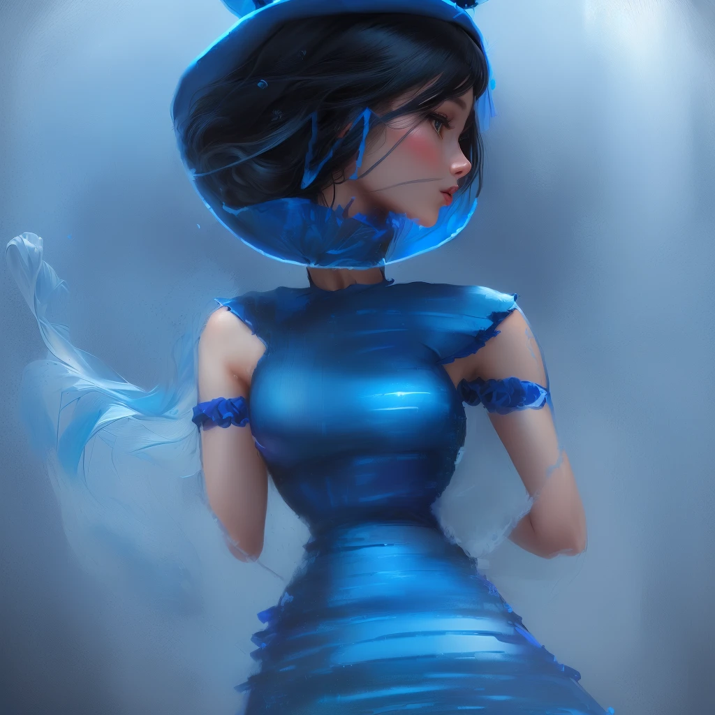 drawing of a girl in a blue dress with a hat and a cigarette, wearing a blue plastic dress, absurd, wavy bubble on a dress, in a blue qipao, Detailed dress and face, wearing a blue dress, girl in dress, powder Nándor Katona, wearing blue dress, inspired by Aristide Maillol, por Cicely Hey