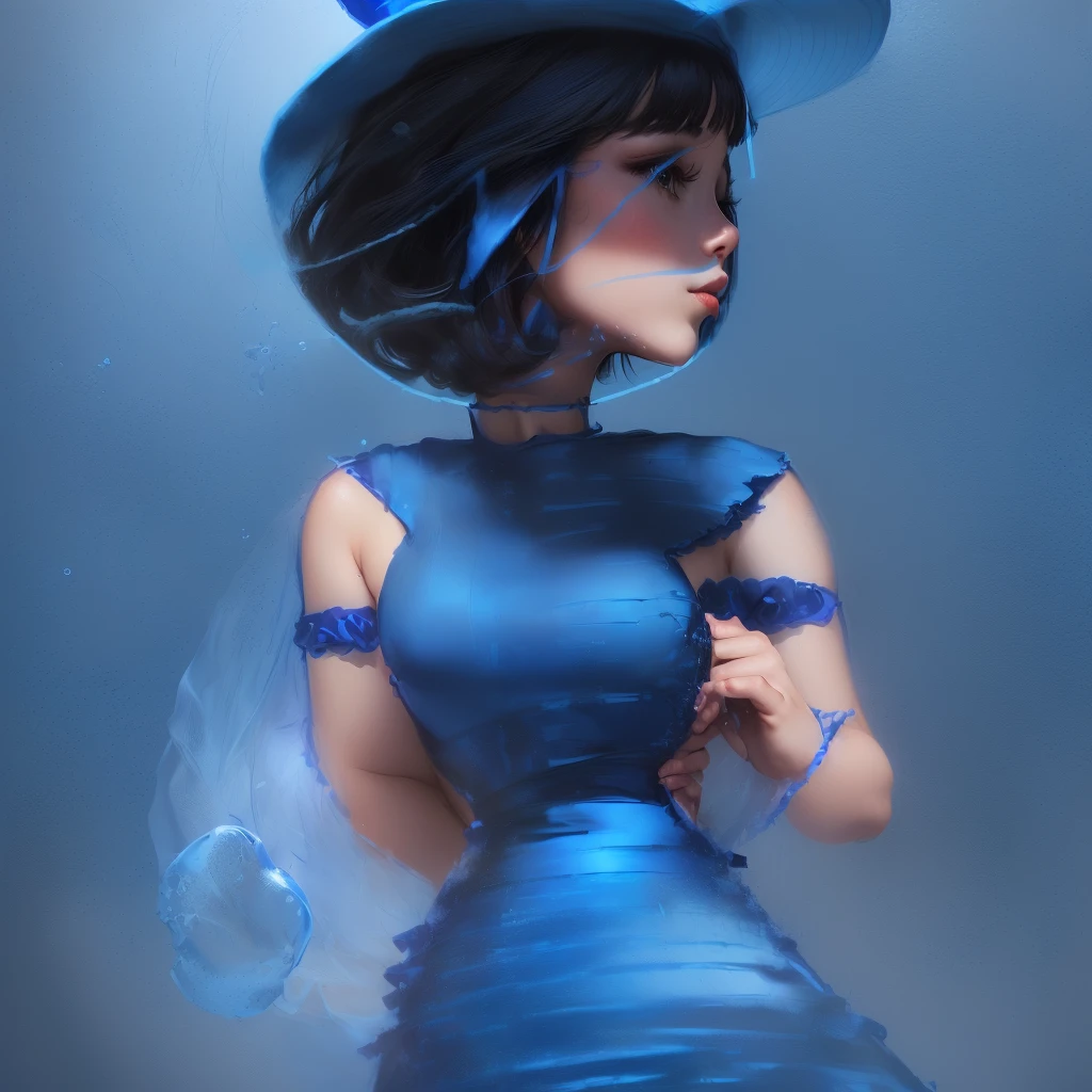 drawing of a girl in a blue dress with a hat and a cigarette, wearing a blue plastic dress, absurd, wavy bubble on a dress, in a blue qipao, Detailed dress and face, wearing a blue dress, girl in dress, powder Nándor Katona, wearing blue dress, inspired by Aristide Maillol, por Cicely Hey