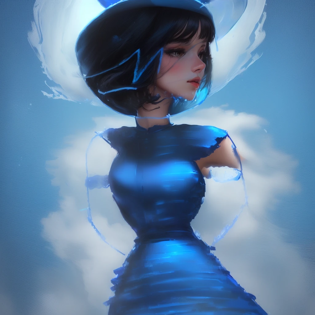 drawing of a girl in a blue dress with a hat and a cigarette, wearing a blue plastic dress, absurd, wavy bubble on a dress, in a blue qipao, Detailed dress and face, wearing a blue dress, girl in dress, powder Nándor Katona, wearing blue dress, inspired by Aristide Maillol, por Cicely Hey