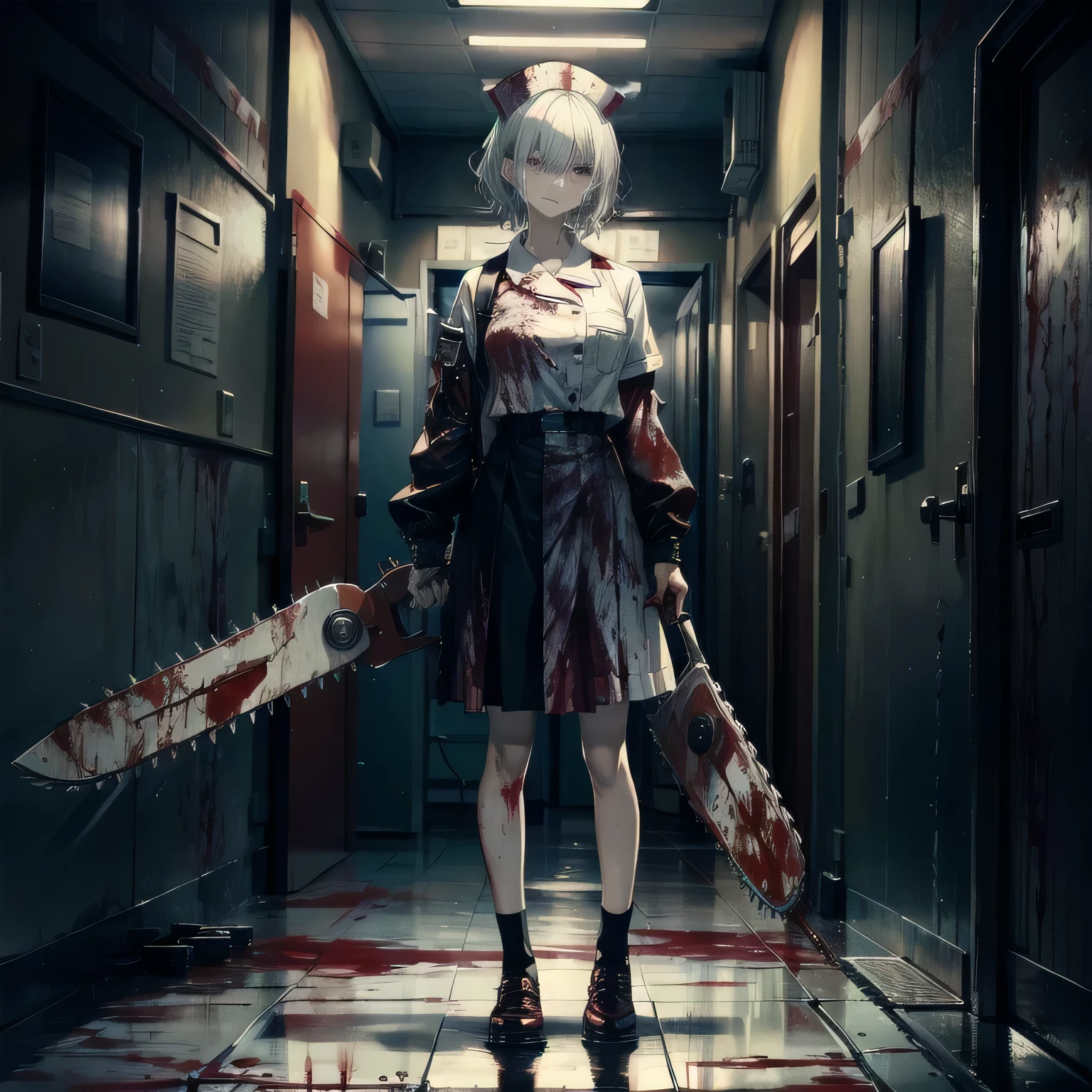 ((blood)), ((blood splatter)), ((blood on clothes)), ((blood stain)), hospital, ((nurse uniform)), ((holding mechanical chainsaw)), (zombie), absurdres, RAW photo, extremely delicate and beautiful, masterpiece, Best Quality, ultra high resolution, 32k, hyperrealistic, ultra-detailed, detailed description, pale skin, 20 years old, tearful mole, earring, Colossal tits, short medium hair, wavy hair, evil grin, full body shot,