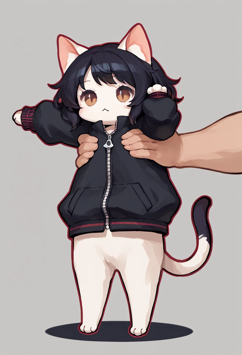 score_9, score_8_up, score_7_up, score_6_up, BREAK source_anime, IncrsXLLCM, full body, chibi, cat, no humans, brown eyes, white fur, short black hair, cute jacket with red outline at opening and by zipper