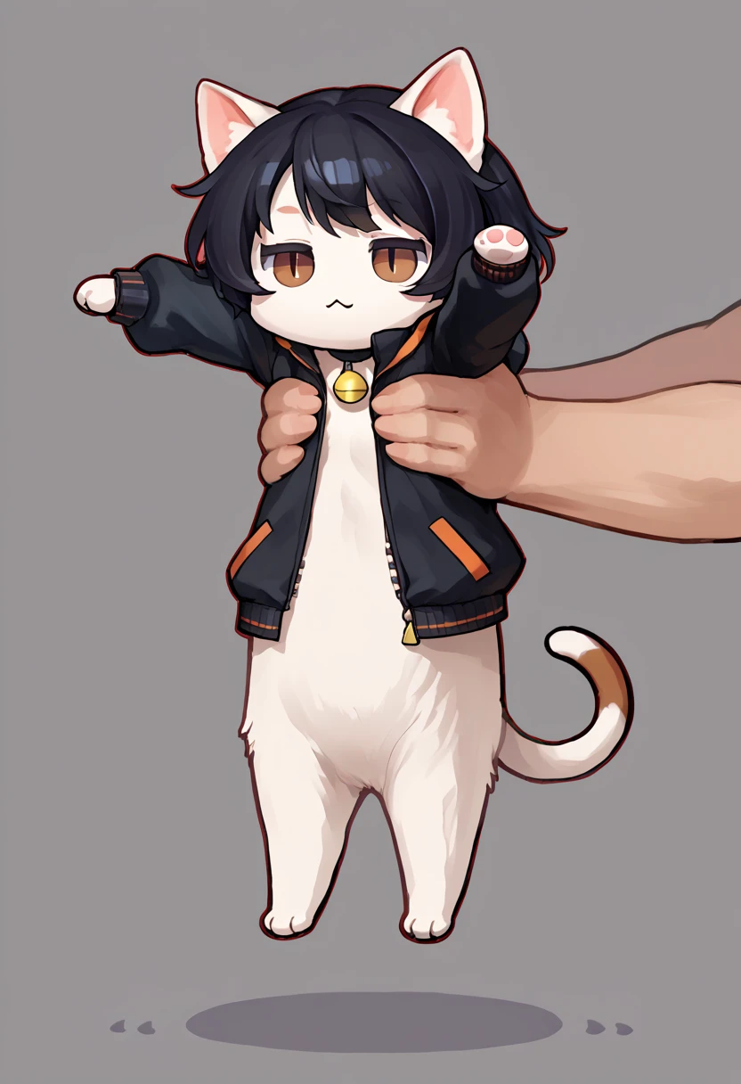 score_9, score_8_up, score_7_up, score_6_up, BREAK source_anime, IncrsXLLCM, full body, chibi, cat, no humans, brown eyes, white fur, short black hair, cute jacket with red outline at opening and by zipper