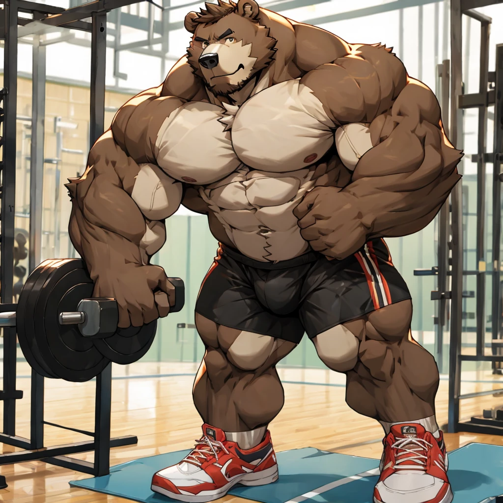 Huge muscle bear in his gym shorts and shoes, shirtless, doing pull-ups at the gym