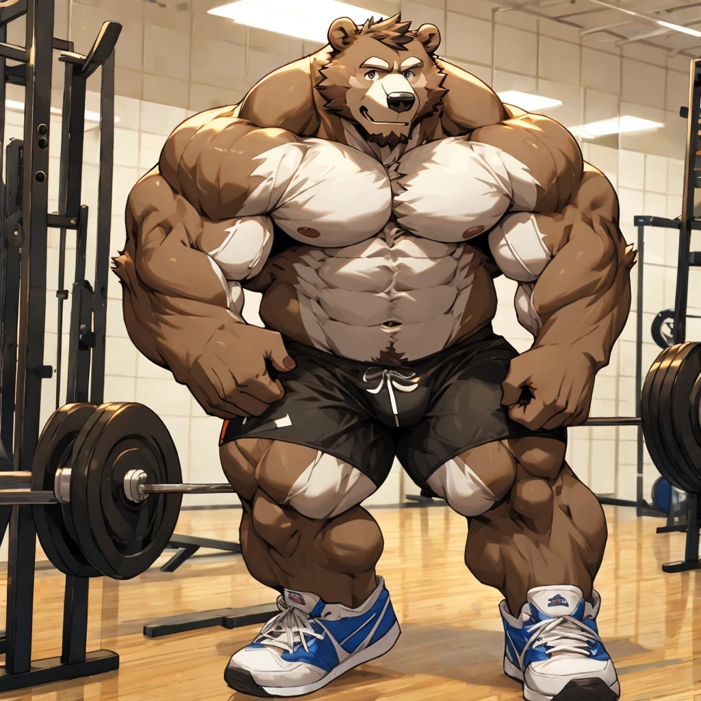 Huge muscle bear in his gym shorts and shoes, shirtless, doing pull-ups at the gym