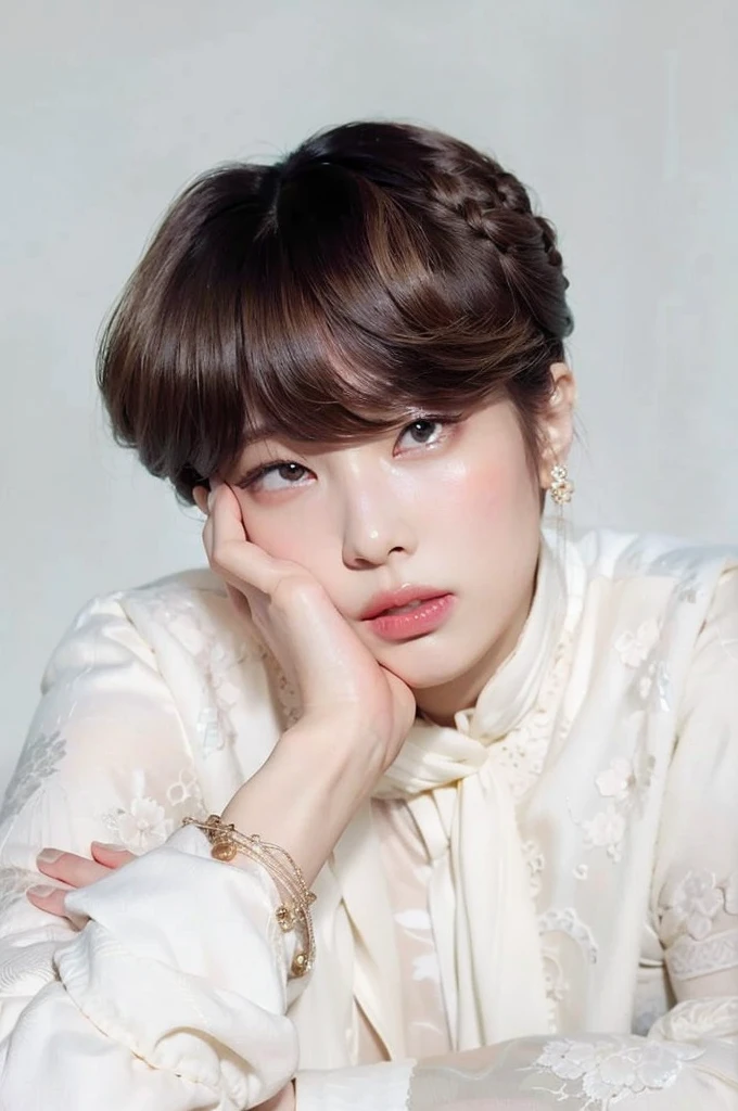 a close-up of a girl with long blonde hair and pink eyes, kawaii realist portrait, obra de arte al estilo de guweiz, pale porcelain white skin, guweiz, awesome anime face portrait, hyper realist anime, up to the model | germ of art, beautiful pale makeup, pale milky white porcelain skin, realist. Cheng Yi, obra maestra de guweiz