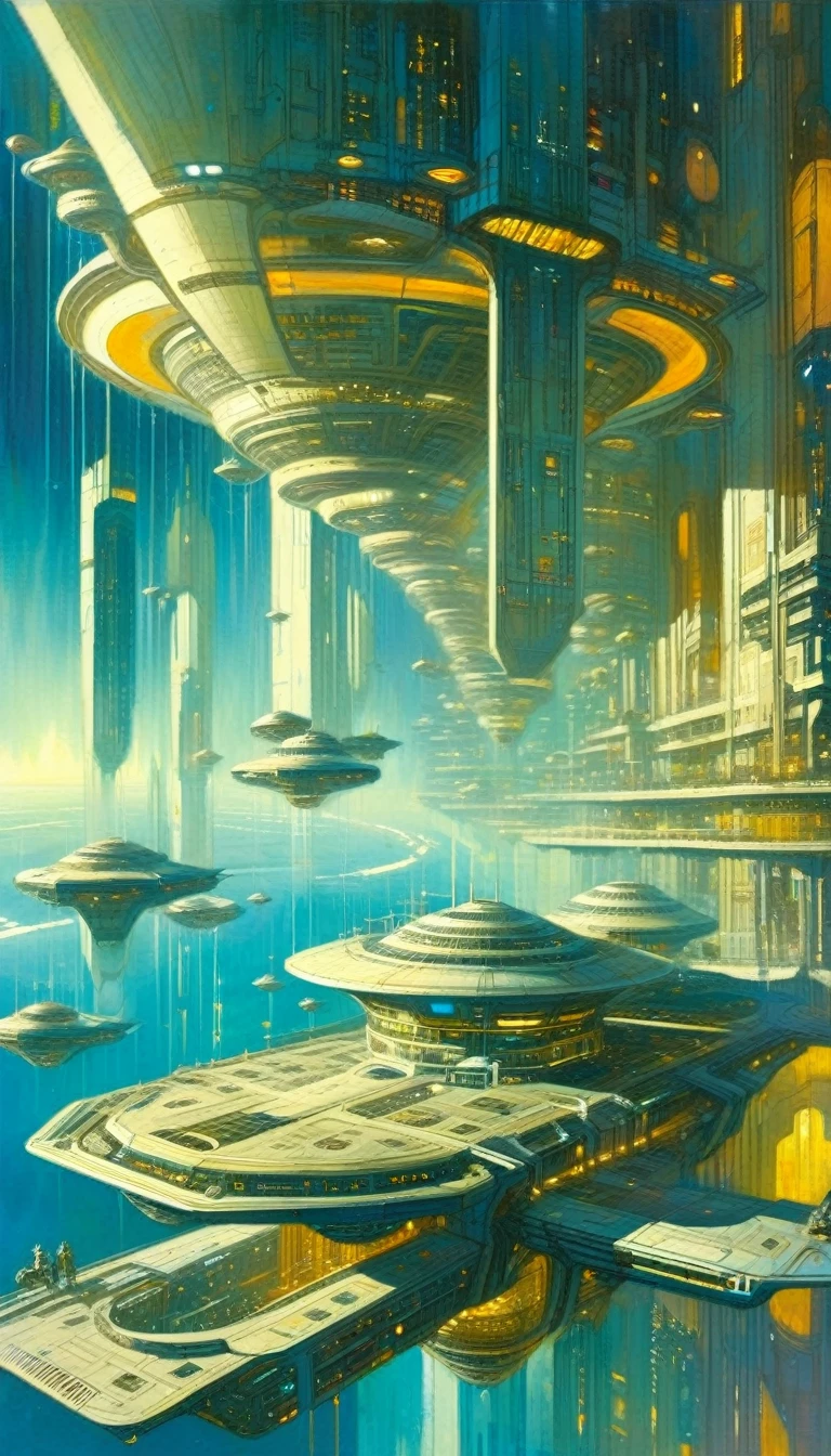 futuristic space city, in space: 1.5, large flying city, with many floating floors in space, housing and all kinds of details on the ship (art inspired by Bill Sienkiewicz). oil painting)
