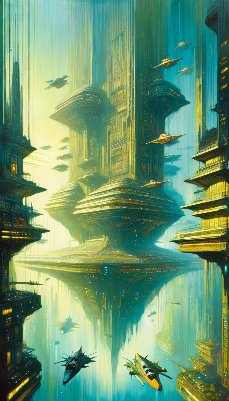 futuristic space city, in space: 1.5, large flying city, with many floating floors in space, housing and all kinds of details on the ship (art inspired by Bill Sienkiewicz). oil painting)