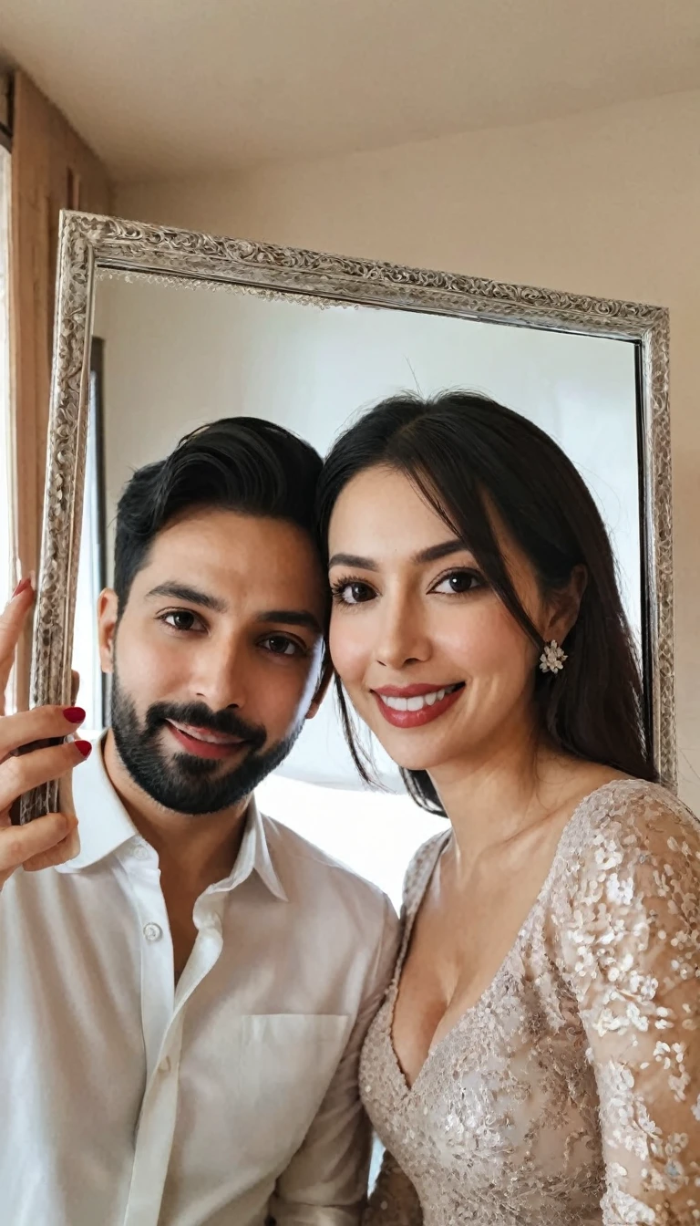Husband and wife a selfie mirror together