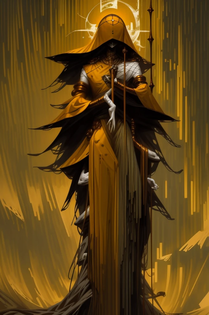 a tall menacing figure, the king in yellow, wide shoulders, frail body, gaunt, body is withering/decaying, covered head to toe in a tattered yellow cloak, tattered yellow hood over the head, scrappy yellow veil hanging over entire face, face completely (concealed), old yellow stained bandage wraps loosely cover arms, many golden bangles loosely hanging off both forearms, covered in golden jewelry, old decrepit hands, a giant golden sunset behind them, decaying entity, flowing yellow cloak over entire body, cosmic dread,
