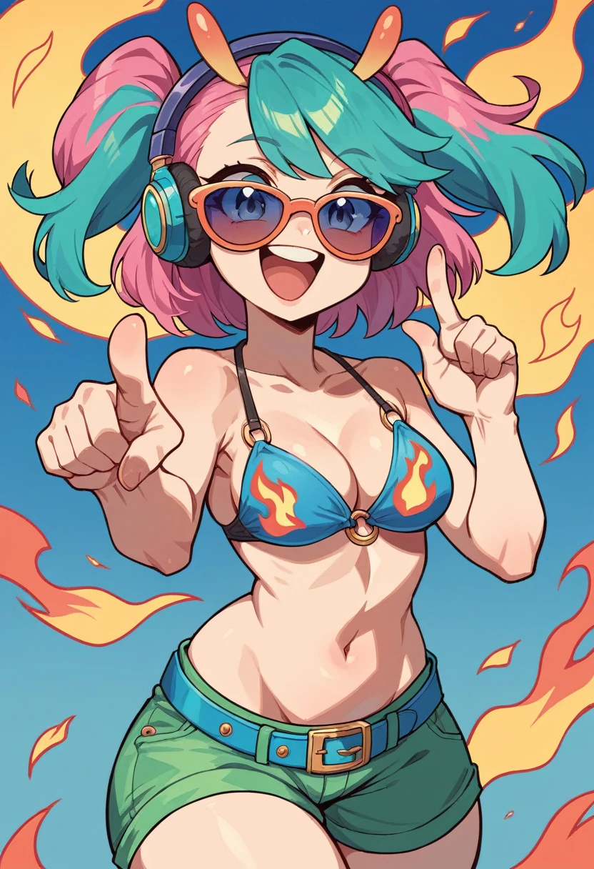 best quality, masterpiece, super high resolution, perfect anatomy, 1girl, blue hair, green hair, red hair, pink hair, purple hair, aqua hair, multicolored hair, medium hair, two side up, blue eyes, medium breasts, wide hips, pink and blue bikini top, multicolored_clothes, flame print, orange and green shorts, pink and blue belt, orange and pink sunglasses, headphones, antennae, 23 years old, absurdres, laughing, pointing