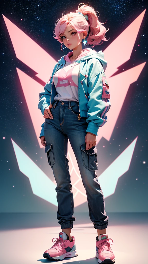 ((Holding a cute orange bantam cat))，((Highest quality，masterpiece，Full body front view of a mature beauty with big breasts，Air bangs，Blue gray high ponytail super long straight hair，Slightly curly hair on double sideburns，Hair ends curled in，Gray and pink short T-shirt，Light blue denim gray hooded jacket，Black and gray long and wide cargo pants，Pink and white sneakers))，Simple, small and exquisite round necklace，Little star earrings，Wearing a very thin gold bracelet on the right hand，starry sky galaxy background