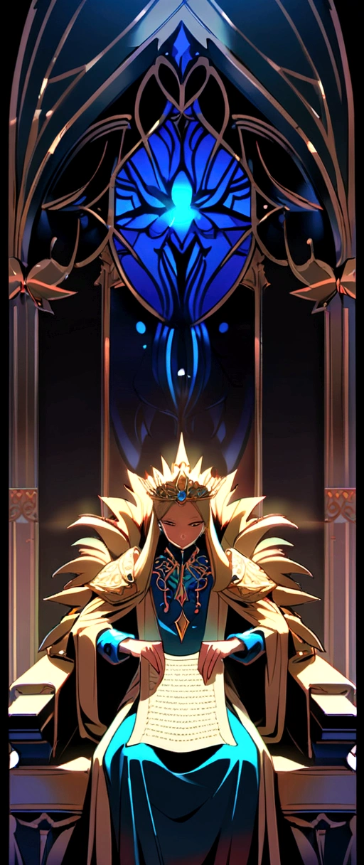 King on throne , reading a scroll , front perspective 