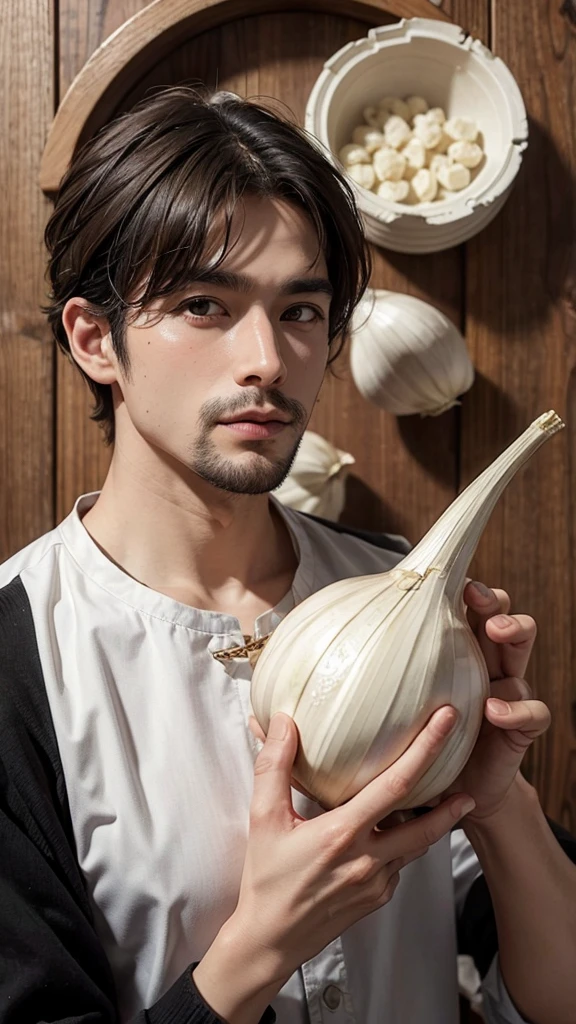 man with whole garlic, without the shell inside the mouth