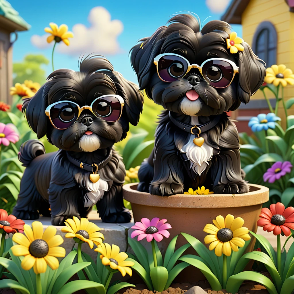 2 Adorable small black Shih Tzu puppies wearing sunglasses digging up flowers Disney background 3d cartoon 3d render disney pixar style