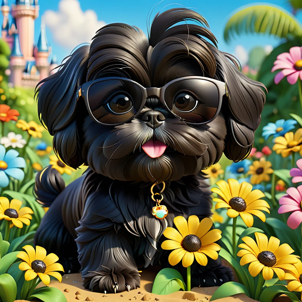 2 Adorable small black Shih Tzu puppies wearing sunglasses digging up flowers Disney background 3d cartoon 3d render disney pixar style