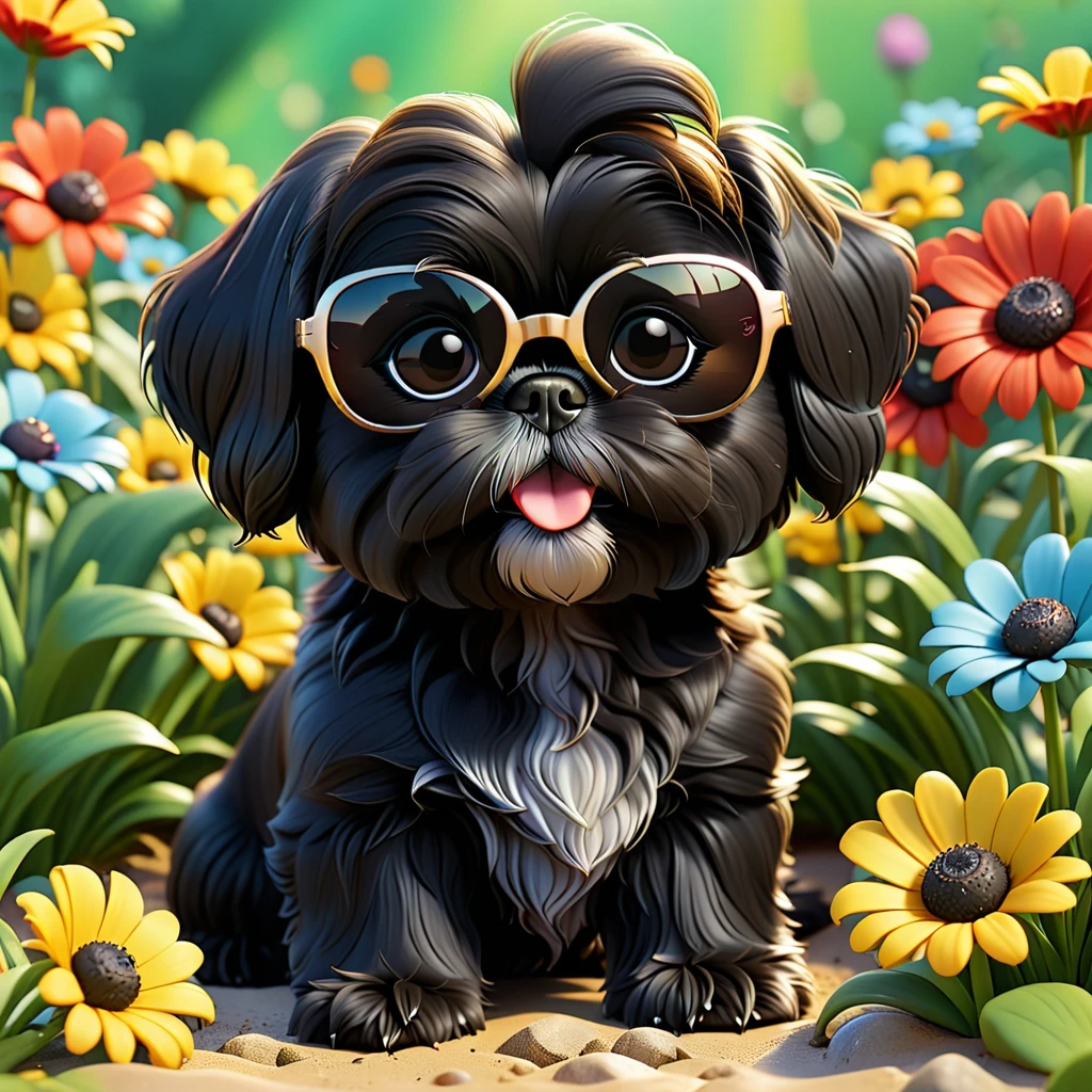 2 Adorable small black Shih Tzu puppies wearing sunglasses digging up flowers Disney background 3d cartoon 3d render disney pixar style