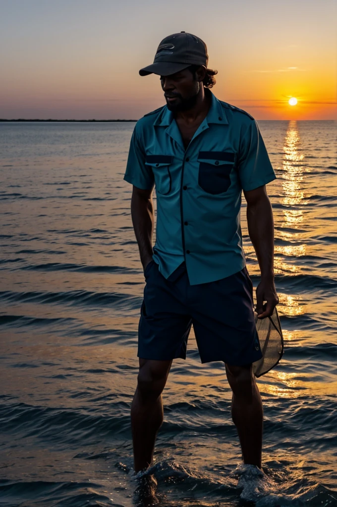 Animation of a fisherman with a torn shirt left at dusk
