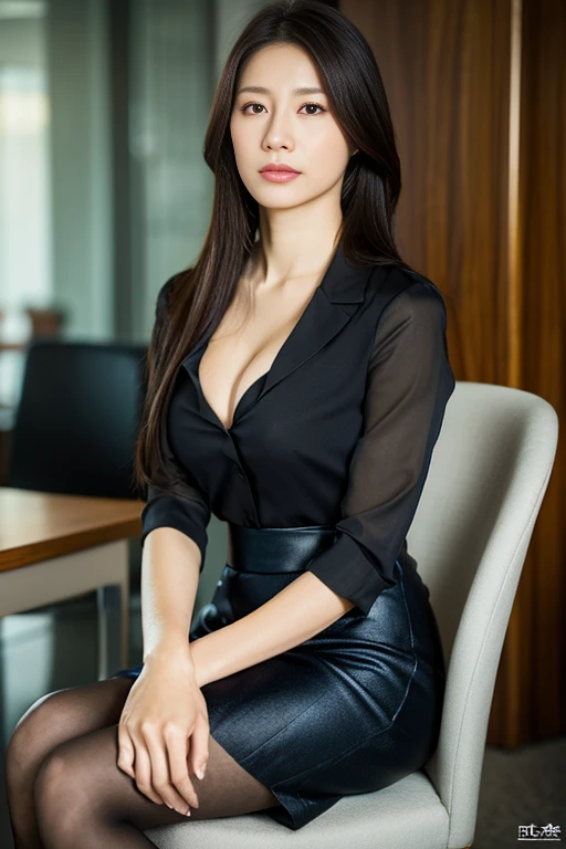 Beautiful woman in business suit, Short sleeve shirts and tight skirts, Stockings, Detailed face, Detailed eyes, Lustrous lips, Shiny skin , gazing at viewer, Slender Abs, cleavage, slender physique, Cross legs, Sit on a chair, Office,(Best Quality, masutepiece, 超A high resolution :1.3),(Photorealistic:1.4)、large earring、