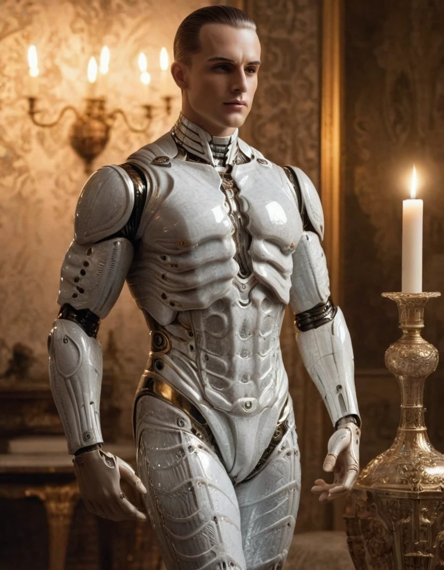 full body, he android, robot, Timeless Elegance, vintage couture,(liquid illumination:1.05), lace details, antique accessories, opulent fabrics, candlelit ambiance, classic silhouettes, royal essence., muscular body,hyperrealistic, photorealistic,