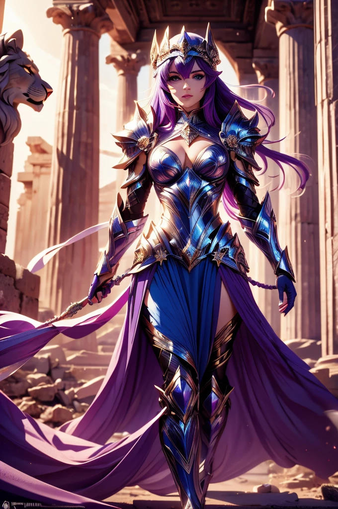 one woman, 25 year old, Greek goddness, purple hairs, blue eyes, greece, ancien temple, perfect bosy, masterclass, HD, 8k, wearing an armor, armor with a lion design, white cape, dark enegy aura, in an ancient greek temple in ruins