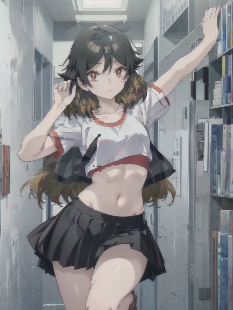 kuwanamaki, black hair with brown highlights, red eyes, lifting pleated skirt, panties, teasing, crop top,