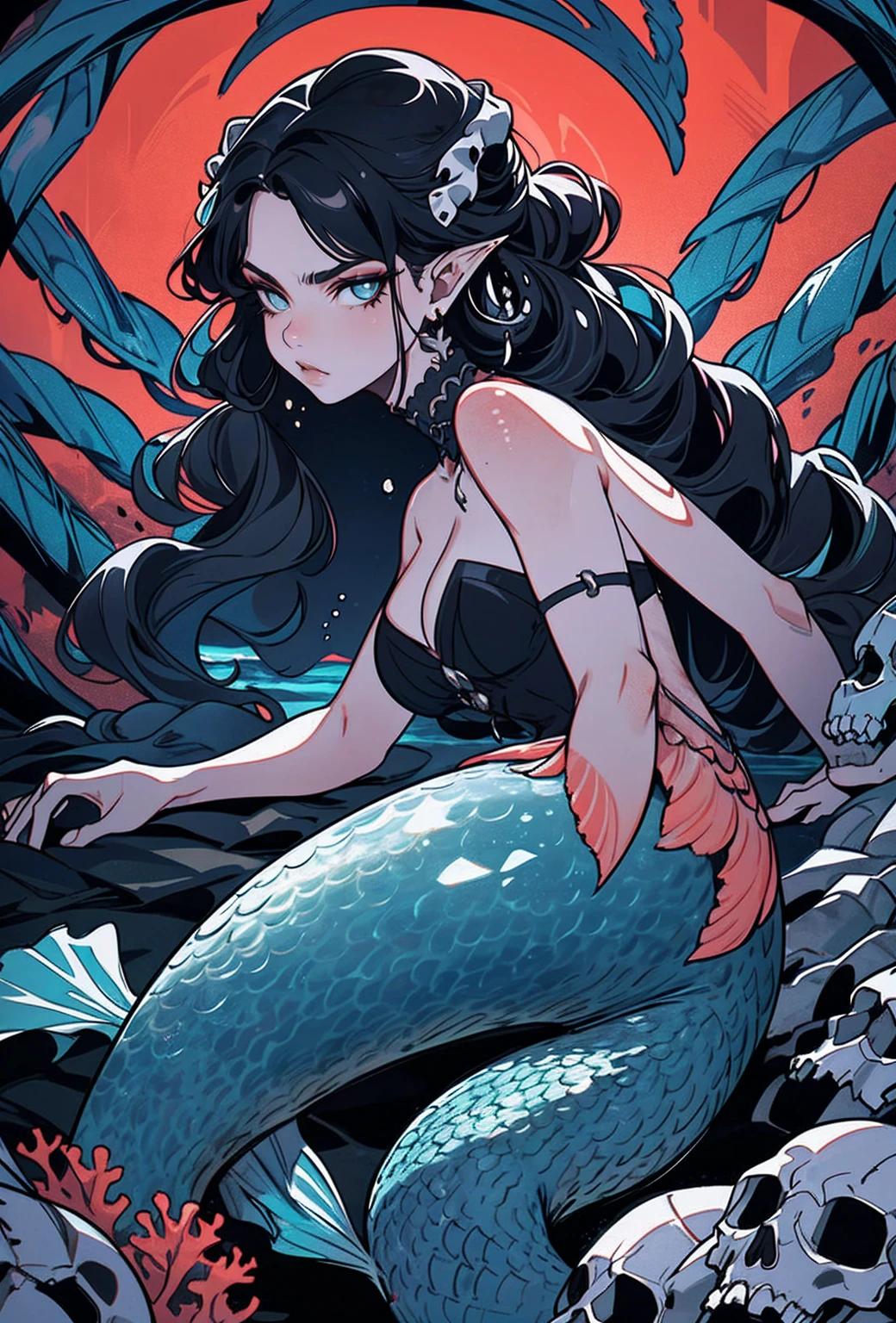 {-erro_de_anatomia:1.0} woman 30 years old, underwater, skeleton, corpse,Under the sea, where coral tendrils and vines abound, a woman (mermaid), long blond hair (blond hair) looks at you amidst a pile of bones and skulls. Indifferent look , merciless. Lying among the skulls.
