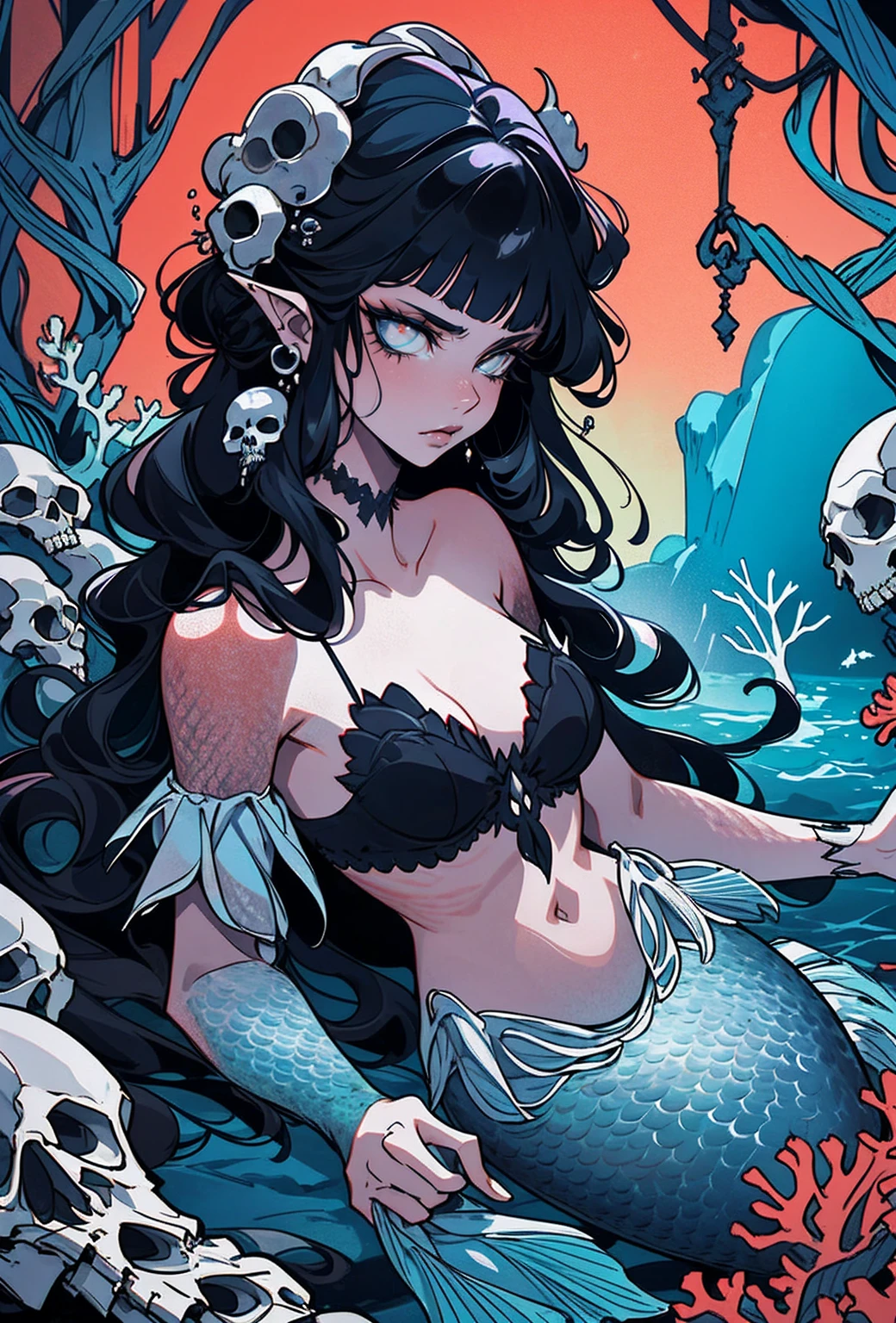 {-erro_de_anatomia:1.0} woman 30 years old, underwater, skeleton, corpse,Under the sea, where coral tendrils and vines abound, a woman (mermaid), long blond hair (blond hair) looks at you amidst a pile of bones and skulls. Indifferent look , merciless. Lying among the skulls.
