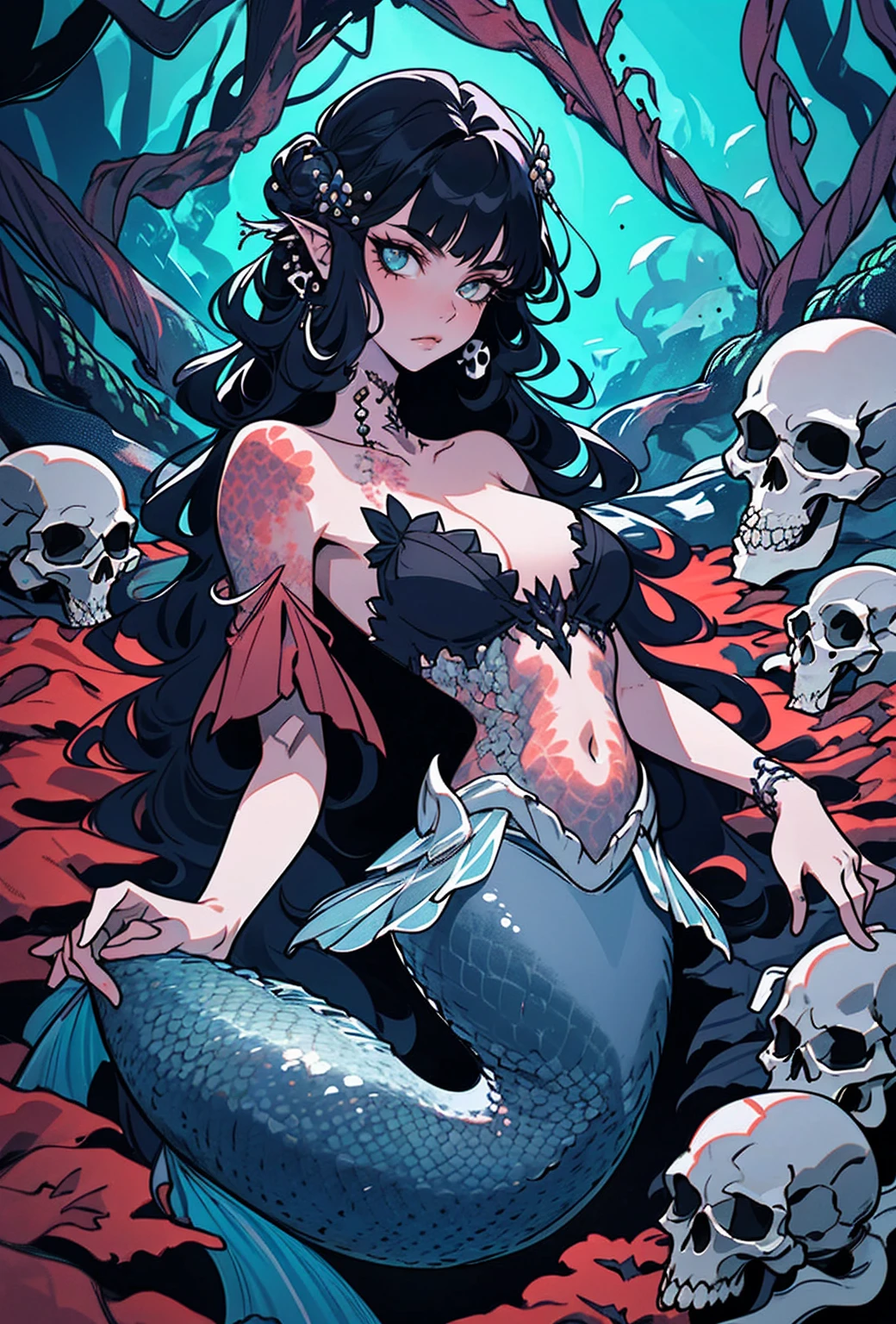 {-erro_de_anatomia:1.0} woman 30 years old, underwater, skeleton, corpse,Under the sea, where coral tendrils and vines abound, a woman (mermaid), long blond hair (blond hair) looks at you amidst a pile of bones and skulls. Indifferent look , merciless. Lying among the skulls.

