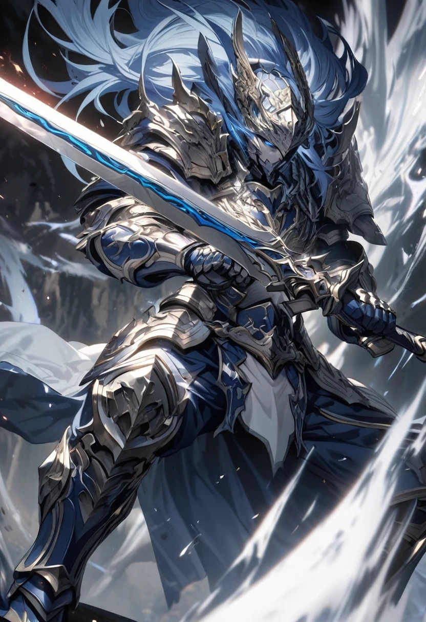 a extremely detailed warrior in dark blue & white armor wielding a sword that needs both hands made of dark blue & white steel, emanates an aura of time
