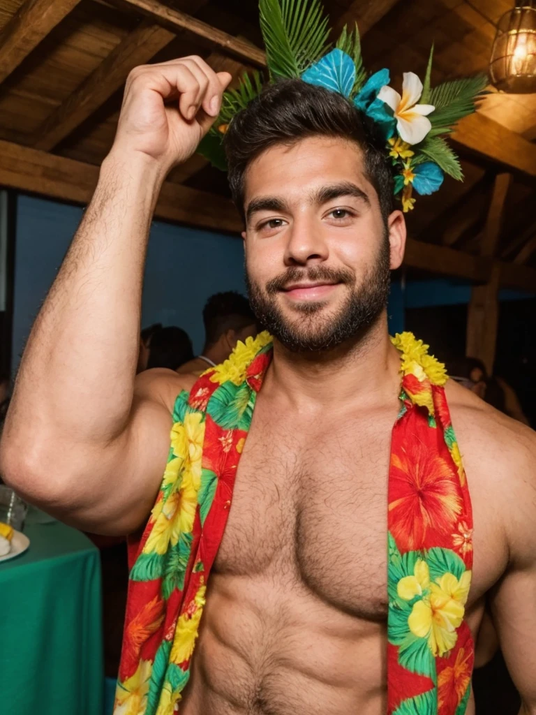 arafed man 25 years old hunk semi hairy at hawaiian party